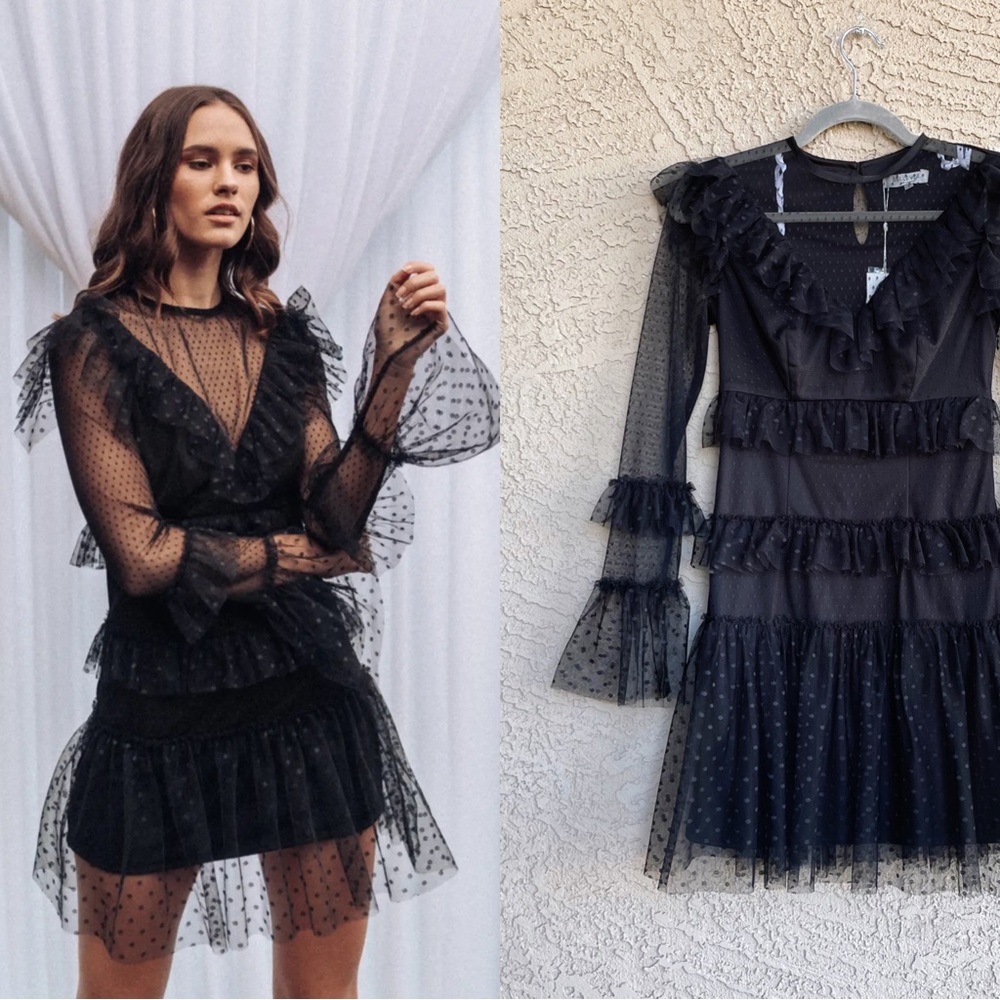 Bellevue NWT Layered Tulle Swiss Dot Mesh High Neck Flounce Sleeve Ruffle Dress